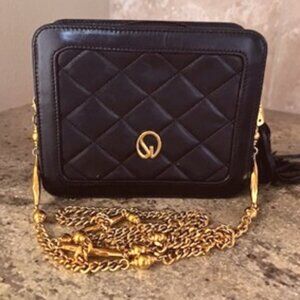 St John Collection Leather Crossbody/Clutch Quilted Handbag-NAVY WITH GOLD CHAIN
